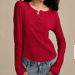 NWT lucky brand Textured Mixed Sleeve Henley Sz XL red